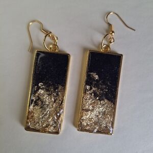 Gold Trim Black & Gold Foil Rectangle Drop Earrings - Women's Jewelry